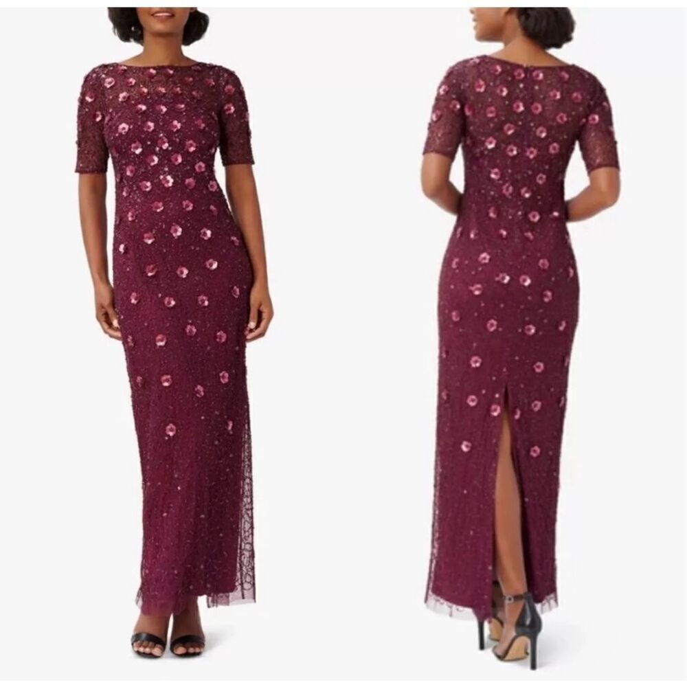 Adrianna Papell Sz 6 Floral 3D Sequin Ball Gown Maroon Sparkle High Slit Formal